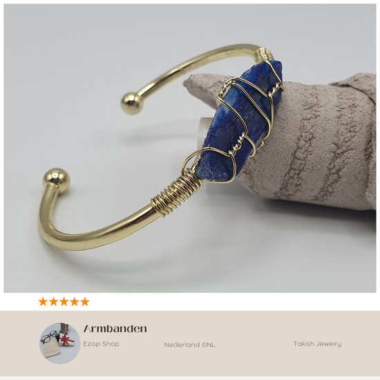 Exclusieve Handgemaakte Koperen Armband voor Fijnere Polsen met Blauwe Kyaniet Natuursteen