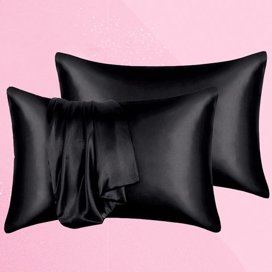 RENALUX - Satijnen Kussensloop Trend - Zwart - kussenslopen 60 x 70 set van 2 - Zijden Zachte Kussensloop - Curly Girl Producten - Huidverzorging - Haarverzorging - Set van 2 Stuks - Rits Sluiting - Zwart - RENALUX
