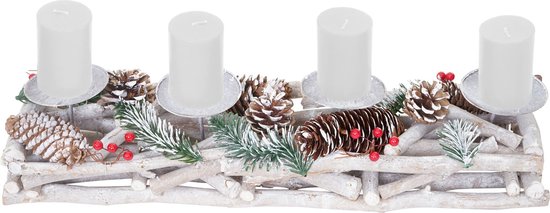 Cosmo Casa Adventskrans langwerpig - Kerstdecoratie Adventsstuk - Hout 11x15x50cm wit - Grijs - Met kaarsen - Wit