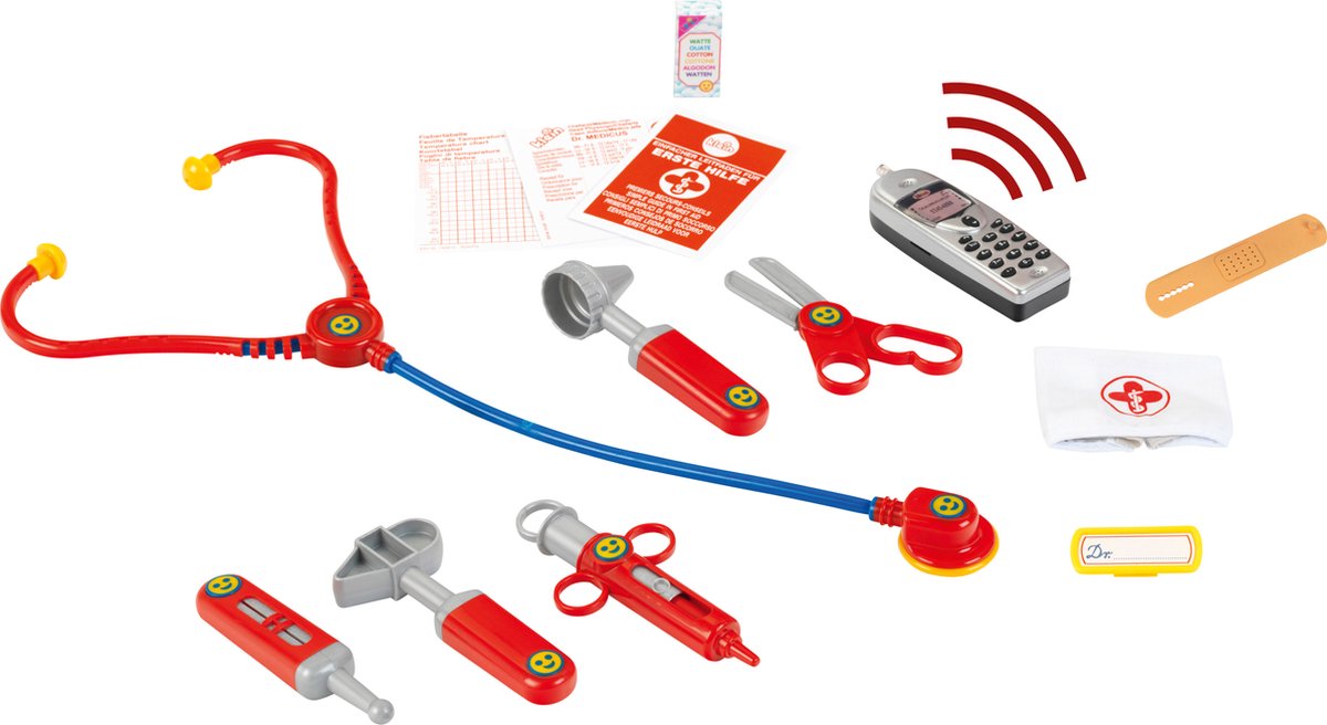 Klein Toys dokterskoffer met mobiele telefoon - stethoscoop, thermometer, reflexhamer, injectiespuit, pincet, oorspiegel, schaar, verpleegsterskapje, naamplaatje, pleisters - multicolor — afbeelding 2