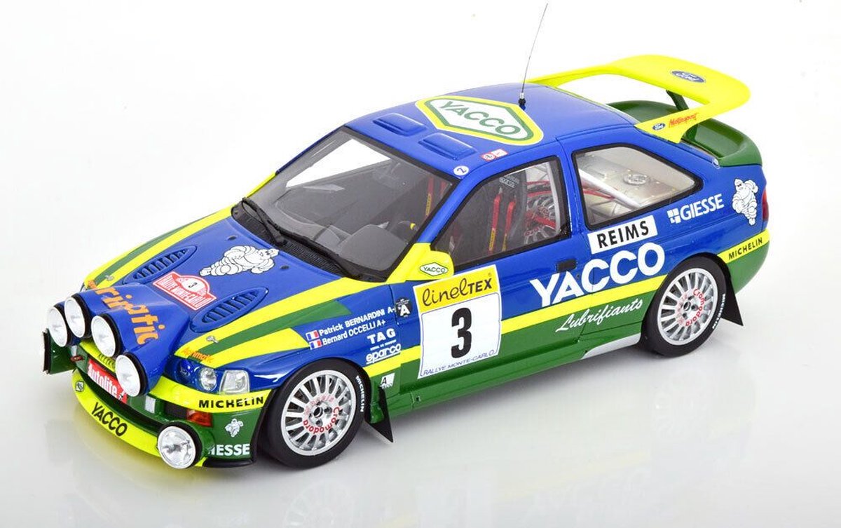 Het 1:18 gegoten model van de Ford Escort RS Cosworth Team Alliance Yacco #3 van de Rally MonteCarlo van 1996. De rijders waren P. Bernardini en B. Occelli. De fabrikant van het schaalmodel is Otto Mobile. Dit model is alleen online