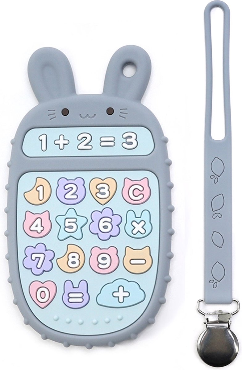 RubyC Bijtspeeltje Rekenmachine met Koord Grijs Bijtring - Baby - Peuter - Kind - Cadeau - Sinterklaas - BPA vrij