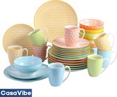 CasaVibe Luxe Serviesset – 32 delig – 8 persoons – Porselein - Bordenset – Dinner platen – Dessertborden - Kommen - Mokken - Set - Groen - Geel - Rood - Blauw - Multi Color