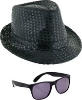 Toppers - Carnaval verkleed setje - glitter pailletten hoedje en party zonnebril - zwart - volwassenen