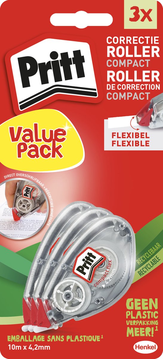 Pritt Correctie Roller Compact x3 Rollers Value Pack | Pritt Roller 4.2 x 10 mm | Voordeel Correctieroller Blister | Kantoor & School Correctieroller.
