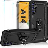 Samsung A14 Case Anti-Shock Hybrid Armor case Zwart - Samsung Galaxy A14 5G kickstand Ring holder TPU back cover case - with screen protector Galaxy A14 - 2 pack