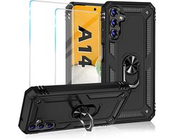 Samsung A14 Hoesje Anti-Shock Hybrid Armor hoesje Zwart - Samsung Galaxy A14 5G kickstand Ring houder TPU backcover hoesje