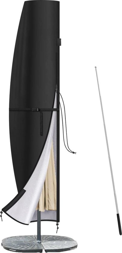 Zwarte parasolhoes met ritssluiting, bandjes en een telescopische staaf.