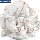 CasaVibe Luxe Serviesset – 48 delig – 12 persoons – Porselein - Bordenset – Dinner platen – Dessertborden - Kommen - Mokken - Set - Wit - Goud