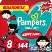 Pampers Bébé Dry Pants Taille 8 - 144 couches pour pantalons, boîte mensuelle – Édition DC Superheroes