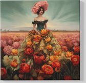 Canvas Schilderij - Bloemen Vrouw - Kunst - Vierkant Schilderij - 100x100x2 cm