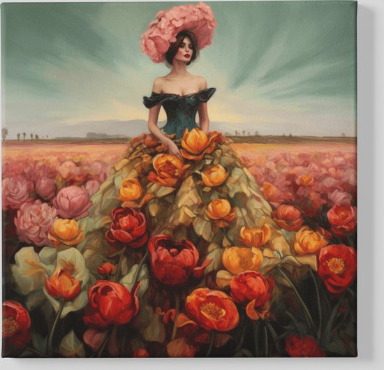 Peinture sur toile - Femme Fleurs - Art - Peinture Carrée - 100x100x2 cm