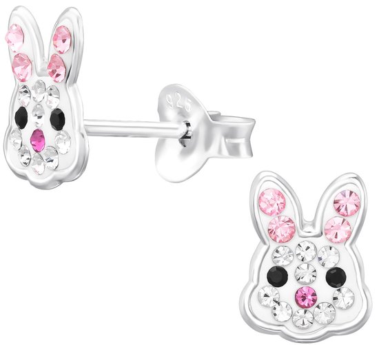 Joy|S - Zilveren konijn oorbellen - 6.5 x 8.4 mm - kristal - oorknoppen - kinderoorbellen