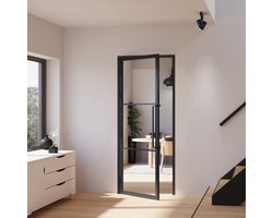 Complete glazen binnendeur - stalen draaideur - 89x216 met kozijn - 3 vakken - links - helder - met greep