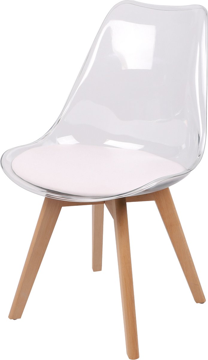 DOORZICHTIGE SCANDINAVISCHE STOEL MET WIT KUSSEN EN HOUTEN POTEN x4