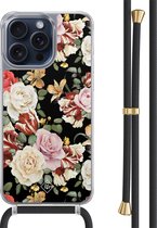 Casimoda® hoesje met zwart koord - Geschikt voor iPhone 15 Pro Max - Bloemen flowerpower - Afneembaar koord - TPU/polycarbonaat - Multi