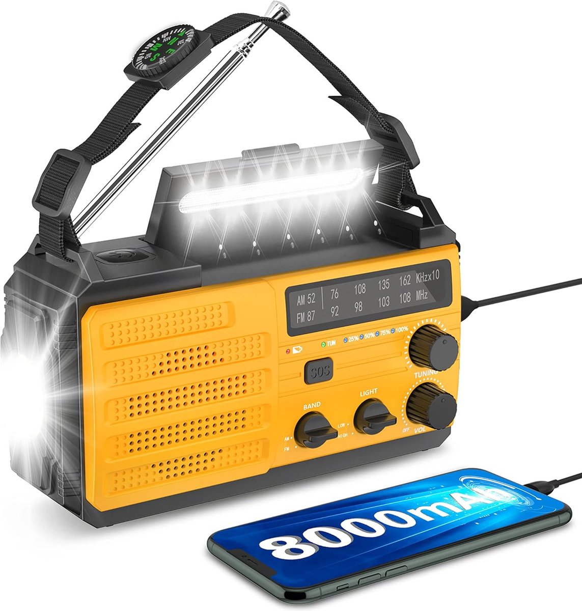 Noodradio op batterijen - All-in-One - 8000mAh Powerbank - Noodpakket - Survival kit - Opwindbare Dynamo Radio - SOS - USB - Kamperen en Outdoor