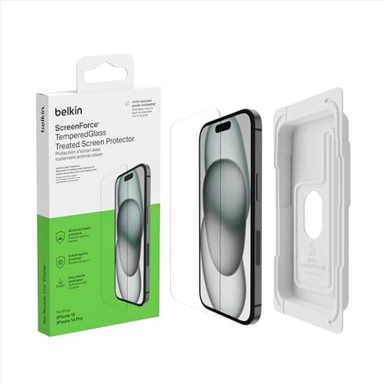 Belkin screenprotector verpakking, iPhone met protector en uitlijningsframe.