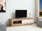 Tv-meubel met 1 lade en 1 nis met ledverlichting van mdf - Naturel en wit gelakt - FLARANCIA L 160 cm x H 42 cm x D 40 cm