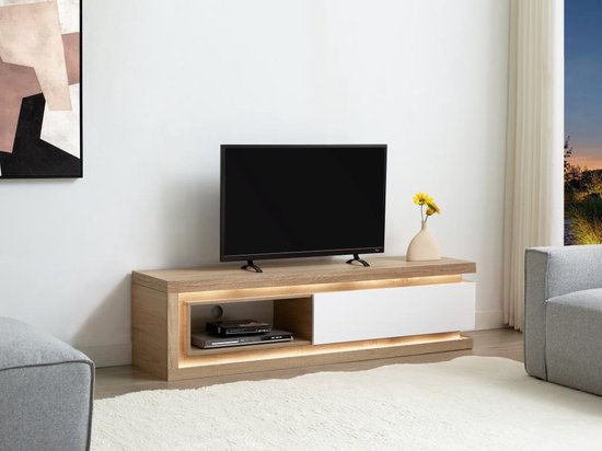 Tv-meubel met 1 lade en 1 nis met ledverlichting van mdf - en wit gelakt - FLARANCIA L 160 H 42 D 40