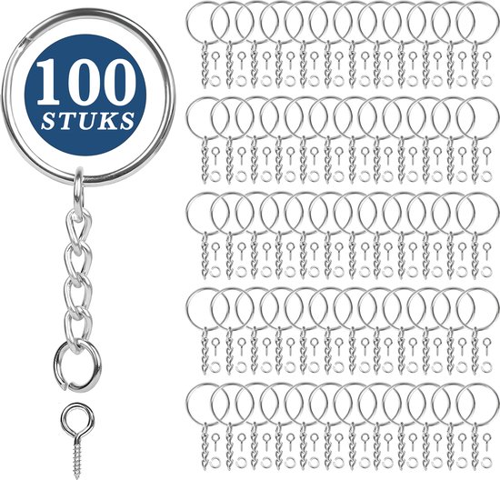 100 Stuks Sleutelringen met Ketting, Sleutellabels, Buigringen en Schroefoogjes - 400-Delig Compleet Sleutelhangers Ringen Maken Set - Zilver 25 mm Keyring Sleutel Rings en labels
