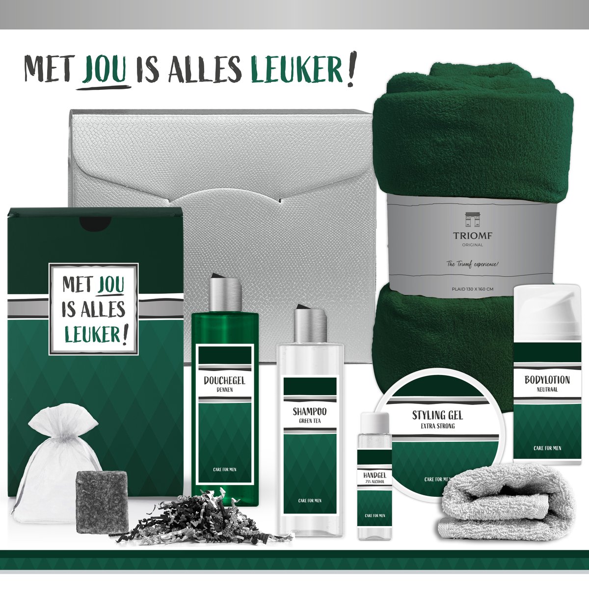 Goedkoopste Geschenkset Met jou is alles leuker! - 8 Producten - 1365 Gram | Giftset voor hem - Luxe Cadeaubox man - Douchegel Dennen - Styling Gel - Vaderdag - Gift Verjaardag - Wellness Pakket Deluxe - Cadeau Set - Vader - Broer - Vriend - Collega - Groen