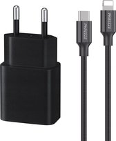 20W USB C Power Adapter met Korte 30 CM USB C naar 8-PIN Kabel - Nylon - Snellader - Power Delivery 3.0 - Black Edition