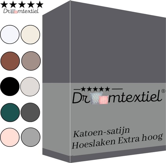 Droomtextiel Katoen - Satijnen Hoeslaken Antraciet - Eenpersoons - 90x200 cm - Hoogwaardige Kwaliteit - Super Zacht - Hoge Hoek -