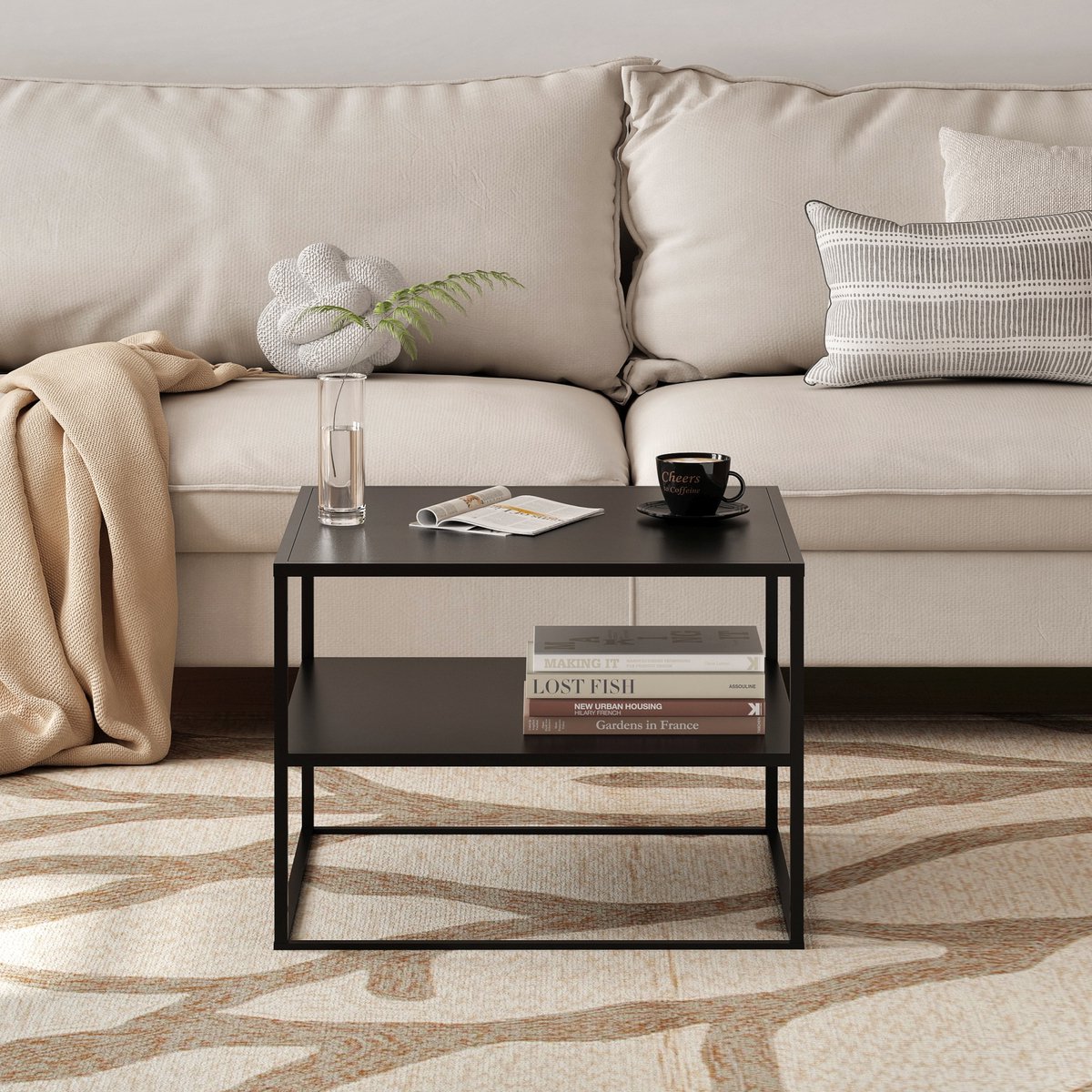 en.casa Salontafel Solund met 1 plank 60x60x45 cm staal zwart mat zwart, mat