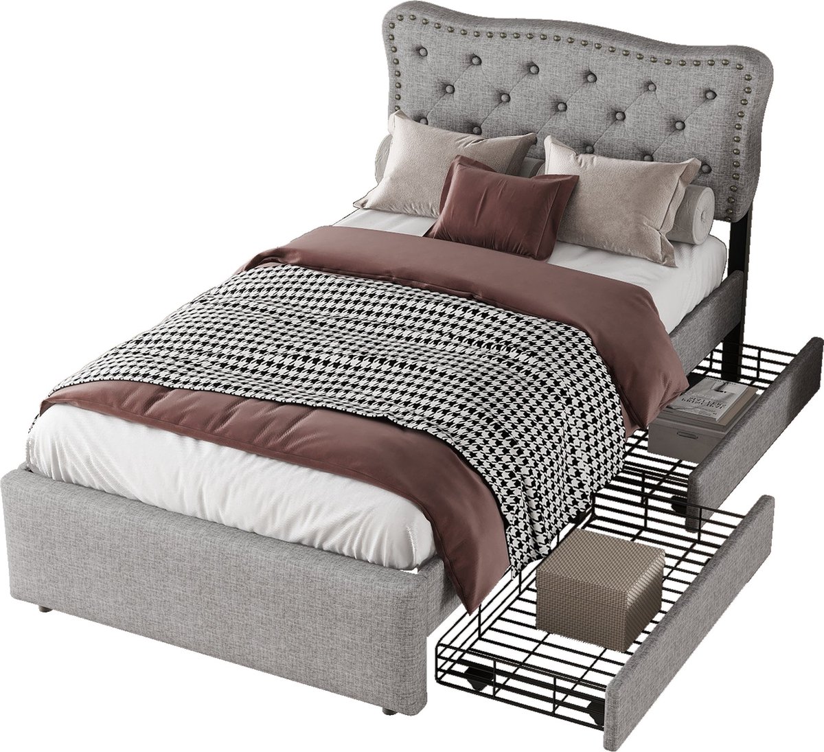 Merax 90x200 cm Gestoffeerd Bed met Lattenbodem en 2 Opberglades - Bed in Grijs met Decoratieve Nieten en Verstelbare Nachtkastjes