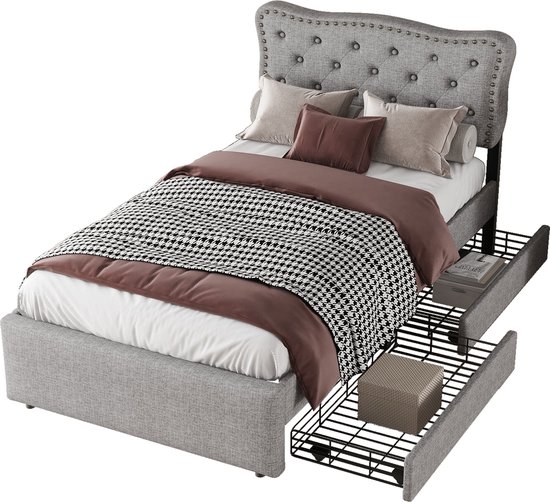 Merax 90*200 cm flaches Bett, gepolstertes Bett, Nachttischpolsterung mit dekorativen Nieten, doppelte Schubladen, Grau