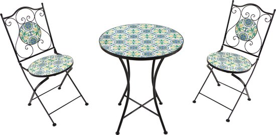 Opklapbare Meubels voor de Kleine Tuin of Balkon 9 AXI Amélie 3-delige Mozaïek Bistroset Blauw/geel – Siciliaanse stijl - Metalen frame met keramische tegeltjes – Balkonset 2 stoelen en tafel