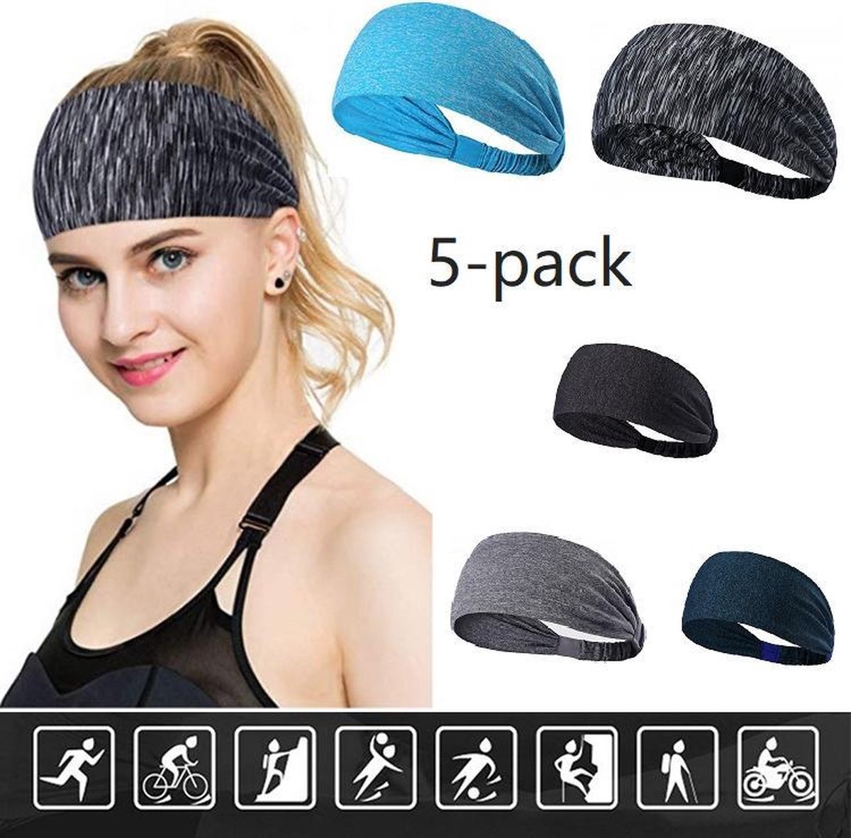 Haarband – Sporthaarband – Fitness - Yoga Haarband – Zweetband – Hoofdband – Dames Haarband – Heren Haarband - Bandana - 5-pack