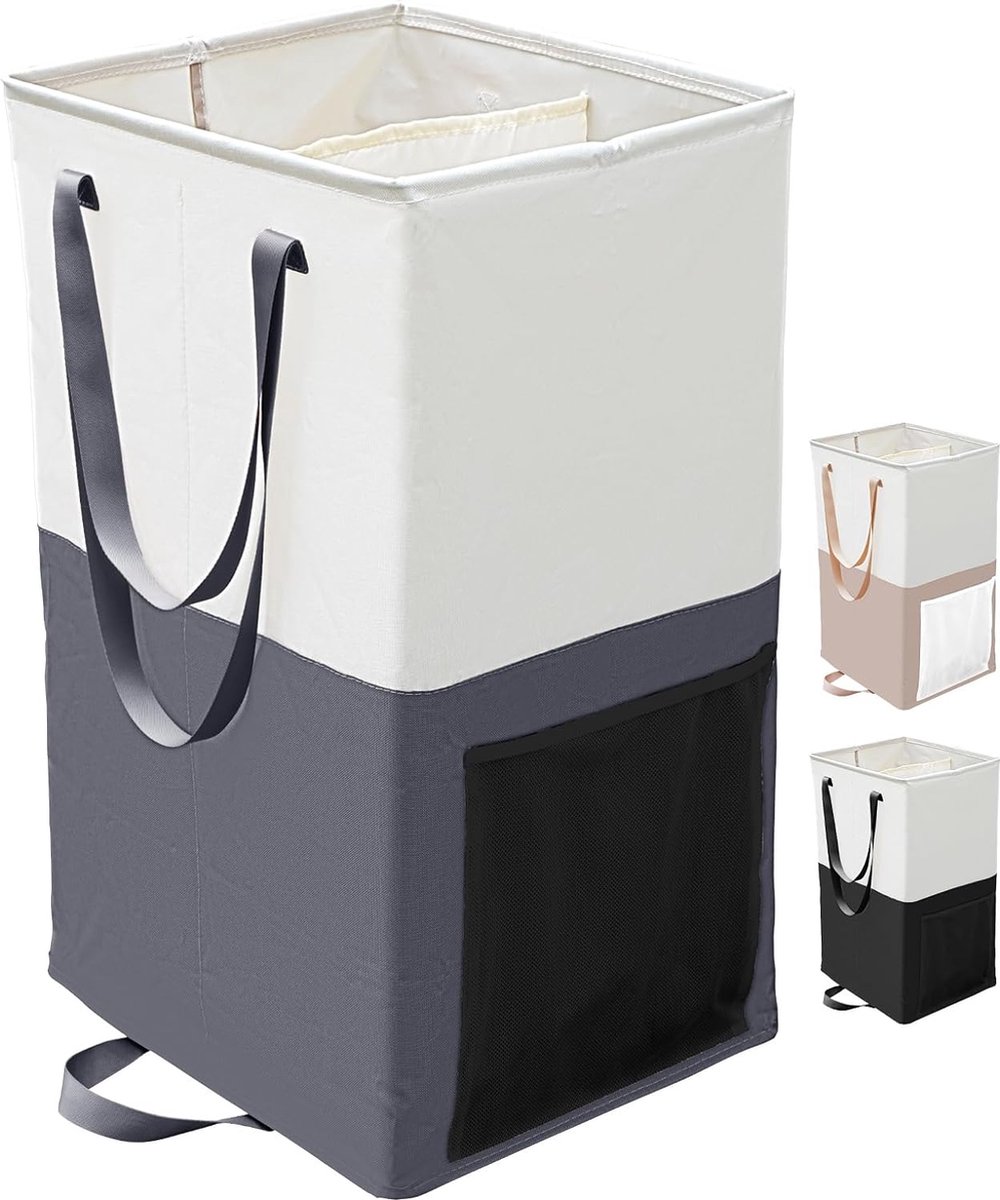 Goedkoopste Wasmand met 2 vakken, vrijstaande waszakken, opvouwbare wasverzamelaar met verlengde handgreep, decoratieve opbergmanden voor kleding, speelgoed (donkergrijs