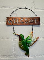 Metalen decoratie tuin hanger "welcome" kolibri - mat koper welcome + groen - hoogte 30 x 20 x 1 cm - Woonaccessoires - Decoratieve hangers - Tuinaccessoires