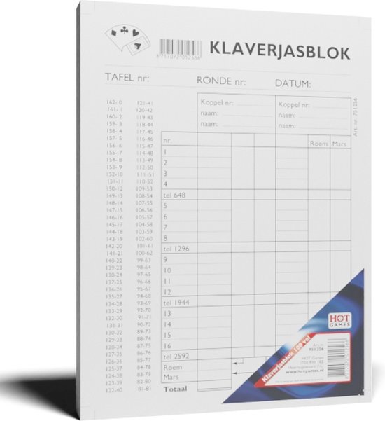 Wit scoreblok met rasterlijnen, vakken en logo 'HOT GAMES'. Boven aan de pagina staat 'Klaverjasblok' met velden voor 'Tafel nr.' en 'Ronde nr.'