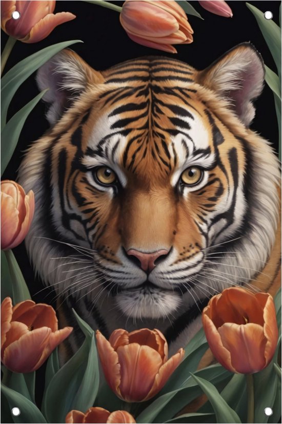 Tuinposter tijger - Bloemen tuinposter - Tuinposter tulpen - Tuinschilderij voor buiten - Tuinschilderijen voor buiten - Tuin decoratie voor buiten - 50 x 75 cm
