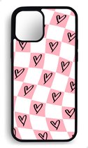 Ako Design Apple iPhone 13 Mini hoesje - Ruiten hartjes patroon - Roze - TPU Rubber telefoonhoesje - hard backcover