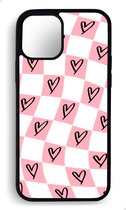 Ako Design Apple iPhone 15 Plus hoesje - Ruiten hartjes patroon - Roze - TPU Rubber telefoonhoesje - hard backcover