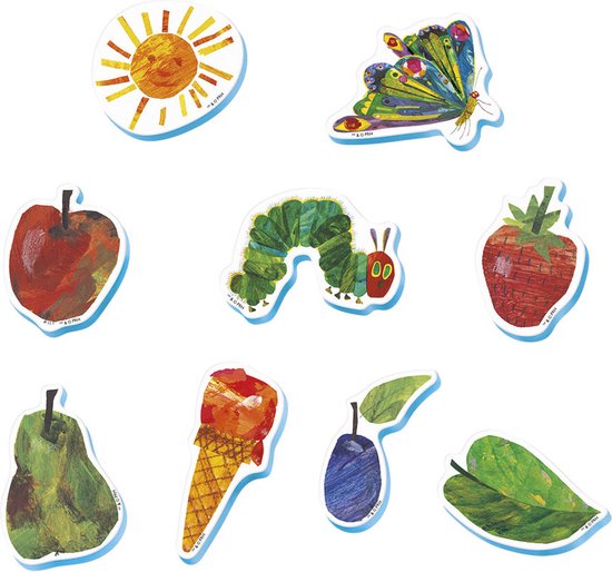 Zeven losse badfiguren: zon, vlinder, appel, rups, aardbei, peer, pruim, ijsje en blad.