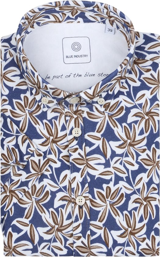 Blue Industry - Short Sleeve Overhemd Print Donkerblauw - Heren - Maat 38 - Slim-fit