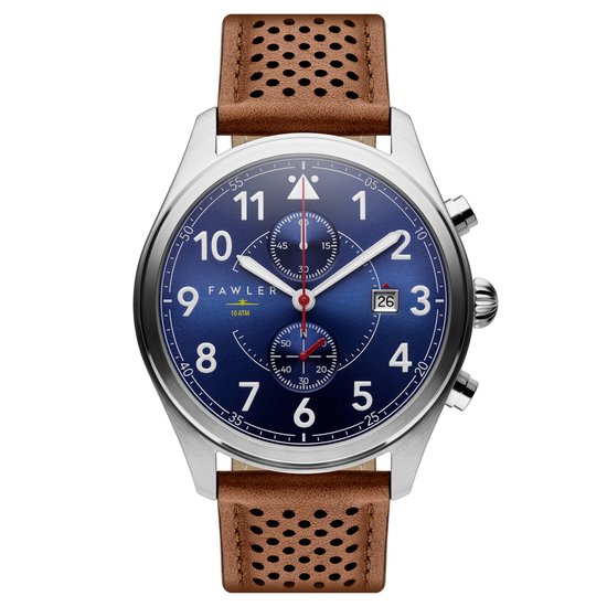 Fawler Fraser zilverkleurig en blauw pilotenhorloge met chronograaf voor heren