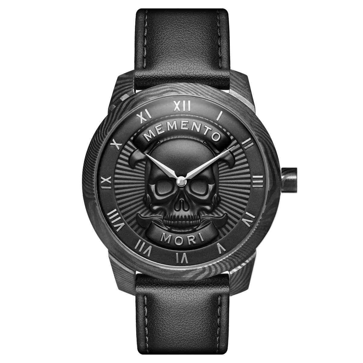 Lucleon Memento Mori zwart horloge van damaststaal met doodshoofd voor heren