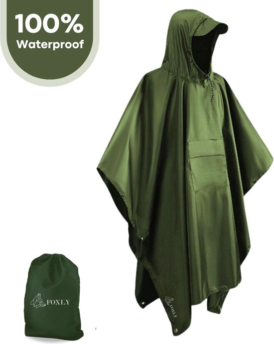 FOXLY® Poncho de Pluie Unisexe - Poncho de Cyclisme - Femmes et Hommes - Imperméable - Vert Armée