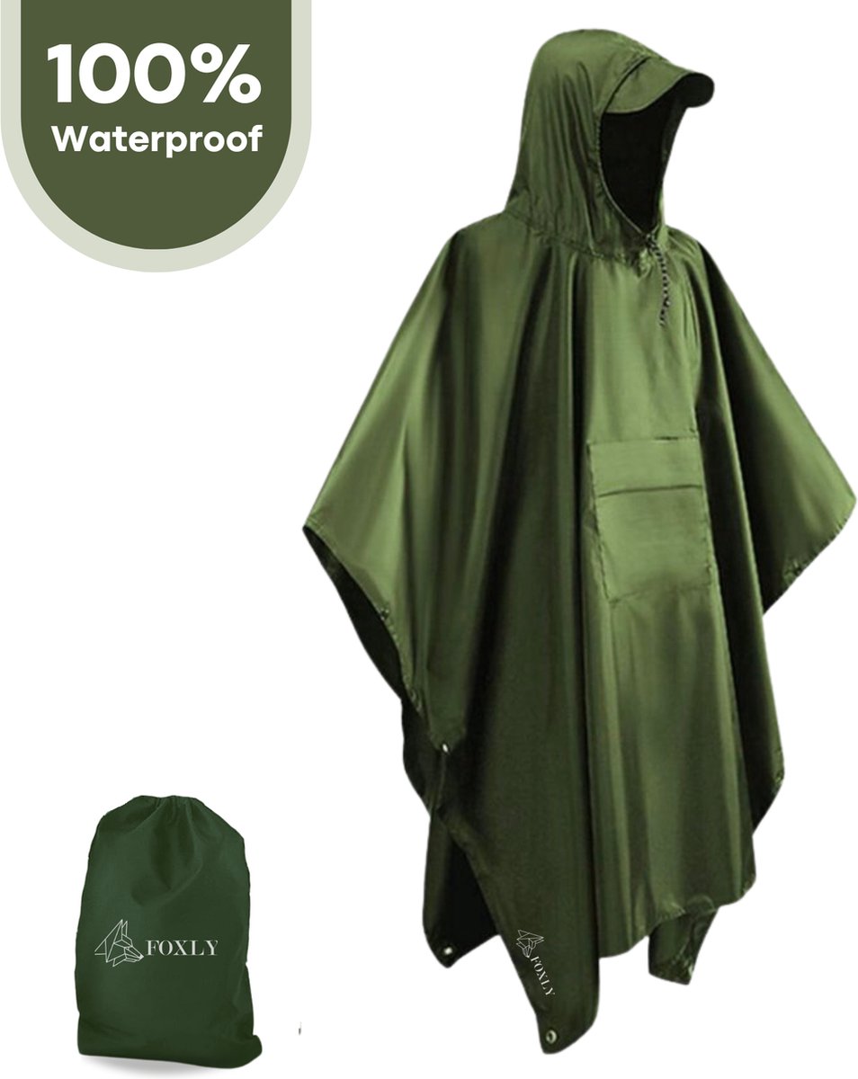 FOXLY® Regen Poncho Unisex - Fietsponcho - Dames & Heren - Waterdicht - Army Green op Prijzenvolger.com