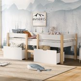 Sweiko Halfhoog kinderbed met lades en valbescherming, Massief dennenhout 90x200cm Wit Eikenhout