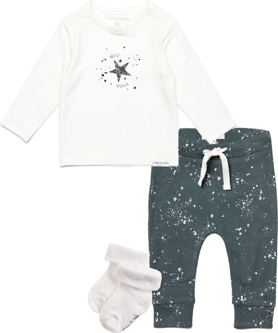 Noppies - Kledingset - Unisex - 3delig - Broek Jos Dark Slade - Shirt Lux Snow - 1 paar sokjes wit - Maat 74