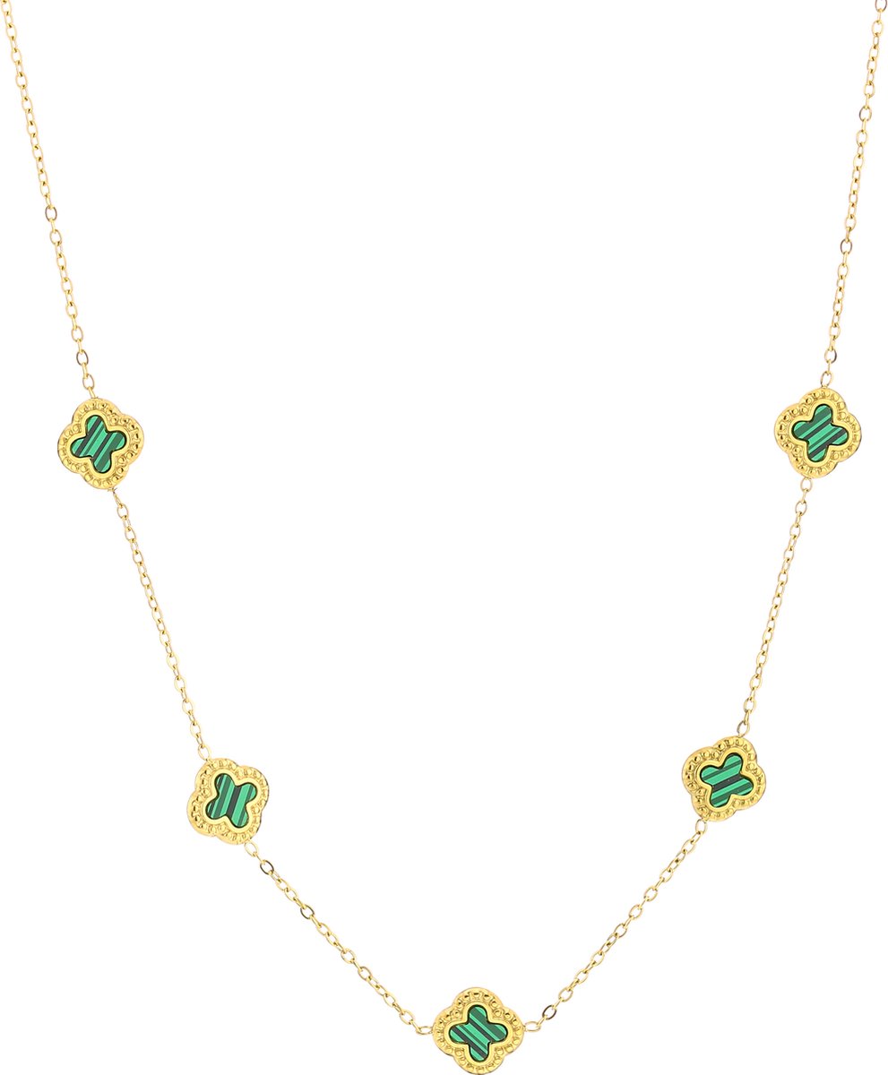 Michelle Bijou, ketting, klavertjes, groen, goud, stainless steel