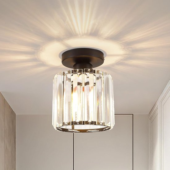 FRIDEKO HOME Plafondlamp, kroonluchter, goudkristallen, moderne ronde metalen plafondlamp, E27, plafondlamp voor slaapkamer, woonkamer, keuken, hal, diameter 28 cm