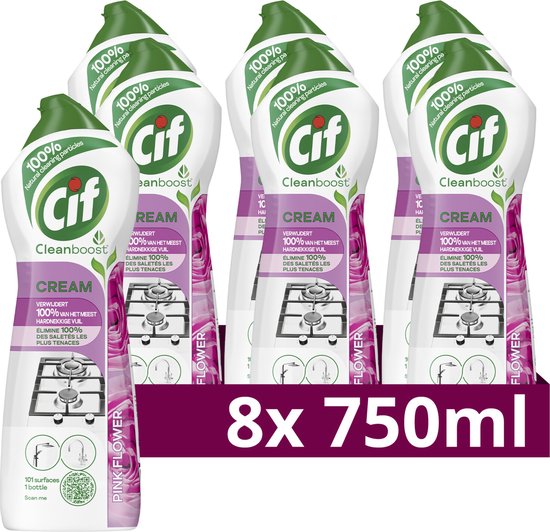 Cif Cleanboost Schuurmiddel - Cream Pink Flower - met 100% natuurlijke bestanddelen, 1 product voor 101 oppervlakken - 8 x 750 ml